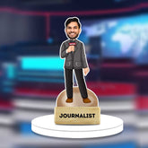 Journalist caricature custom cartoon figurine holding a news mic, set on a wooden base labeled 'Journalist'. Ideal gift for media lovers.